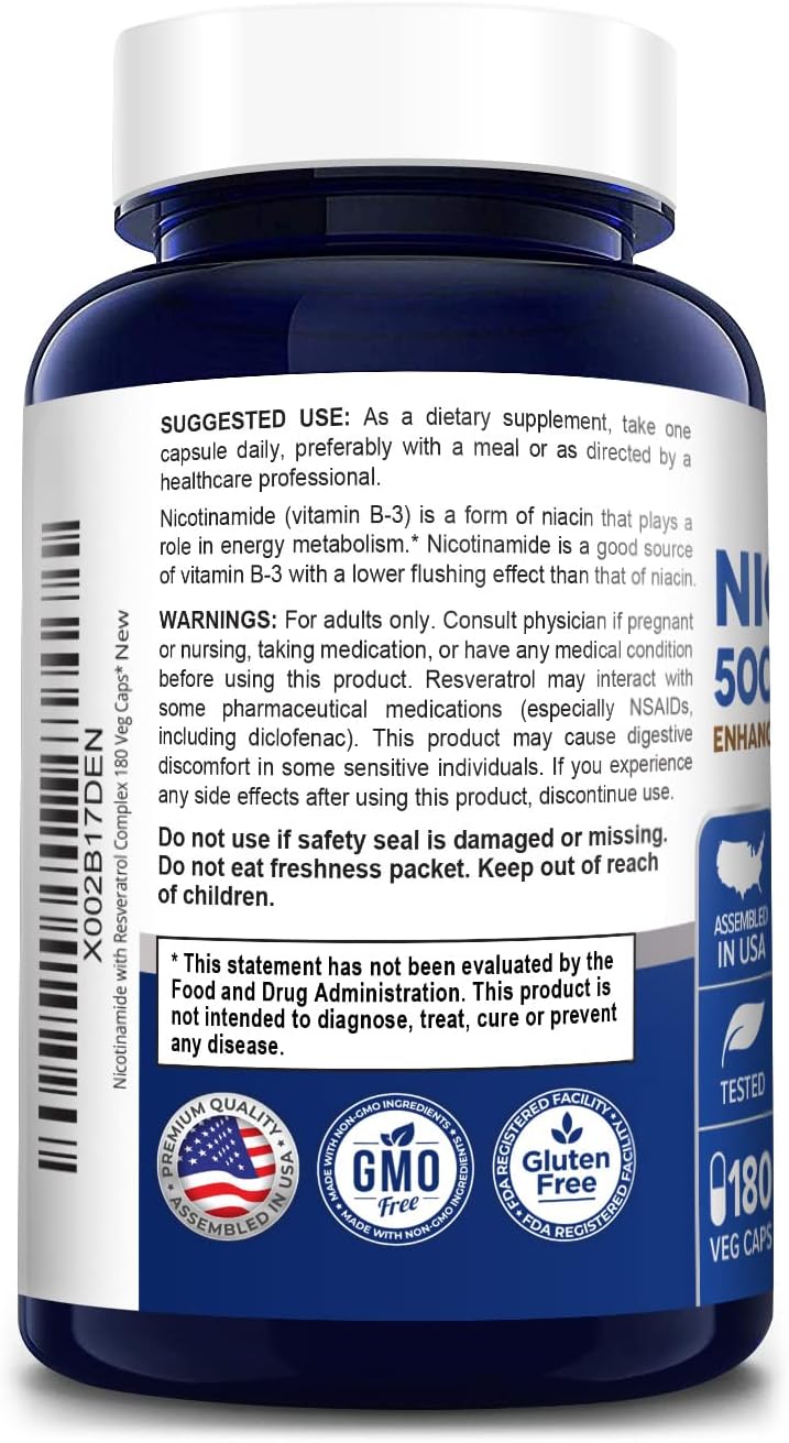 Suplementos Nicotinamida con resveratrol vitamina B3 500 mg