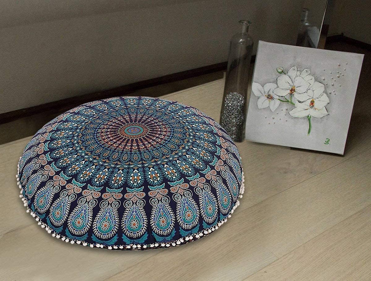 Funda bohemia para cojín, de 32 pulgadas, con diseño de mandala, para meditación, decorativa, otomana, grande, para exteriores, decoración del hogar, decoración de arte en el hogar, redonda, con pompones de algodón, cómoda