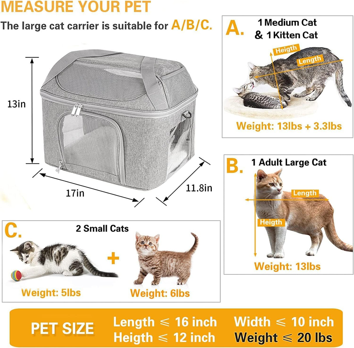 Transportador para Gatos Doble, Oeko-TEX, Aprobado TSA, 20 lbs