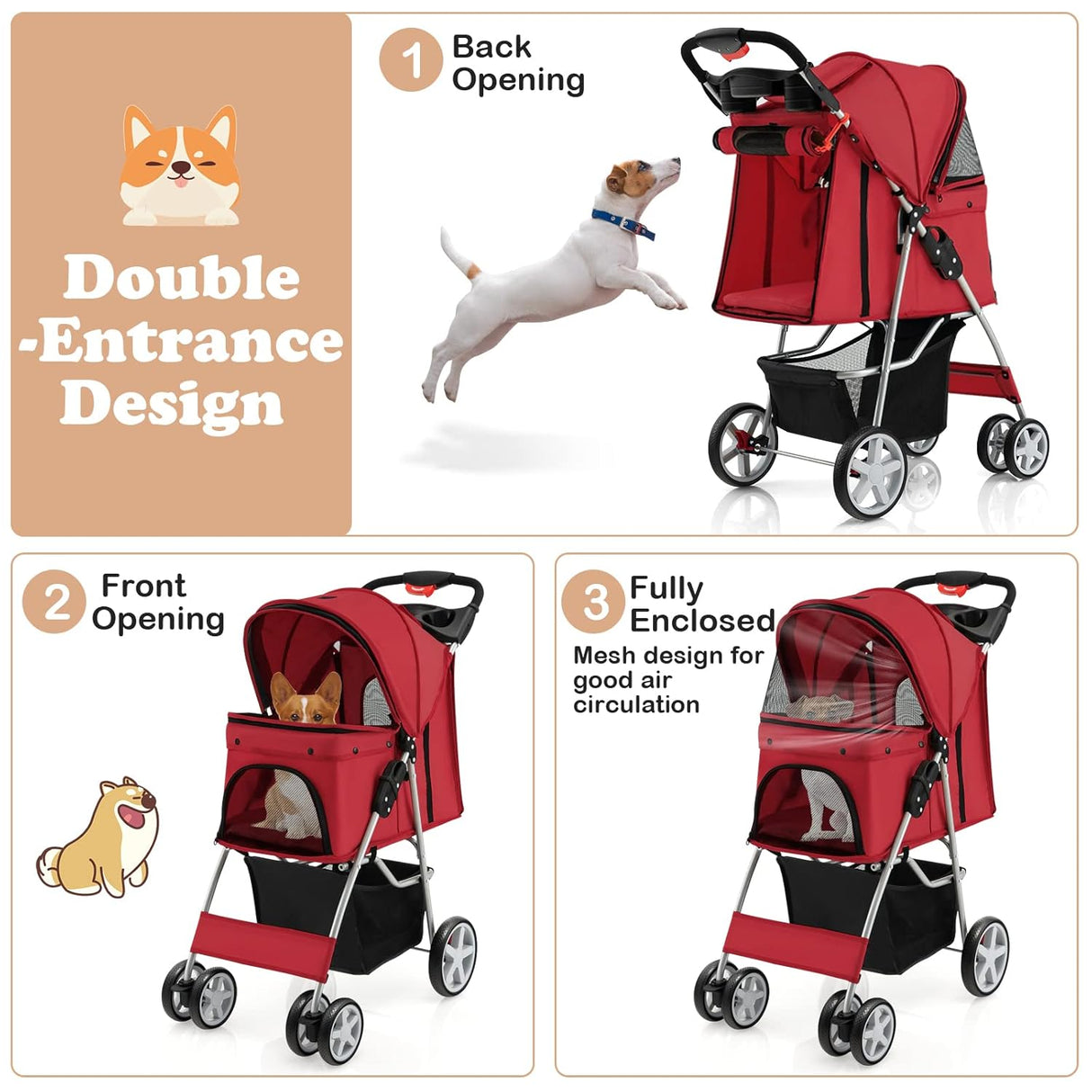 Carrito para Perros Giantex, Plegable, Ruedas Bloqueables, 4 en 1
