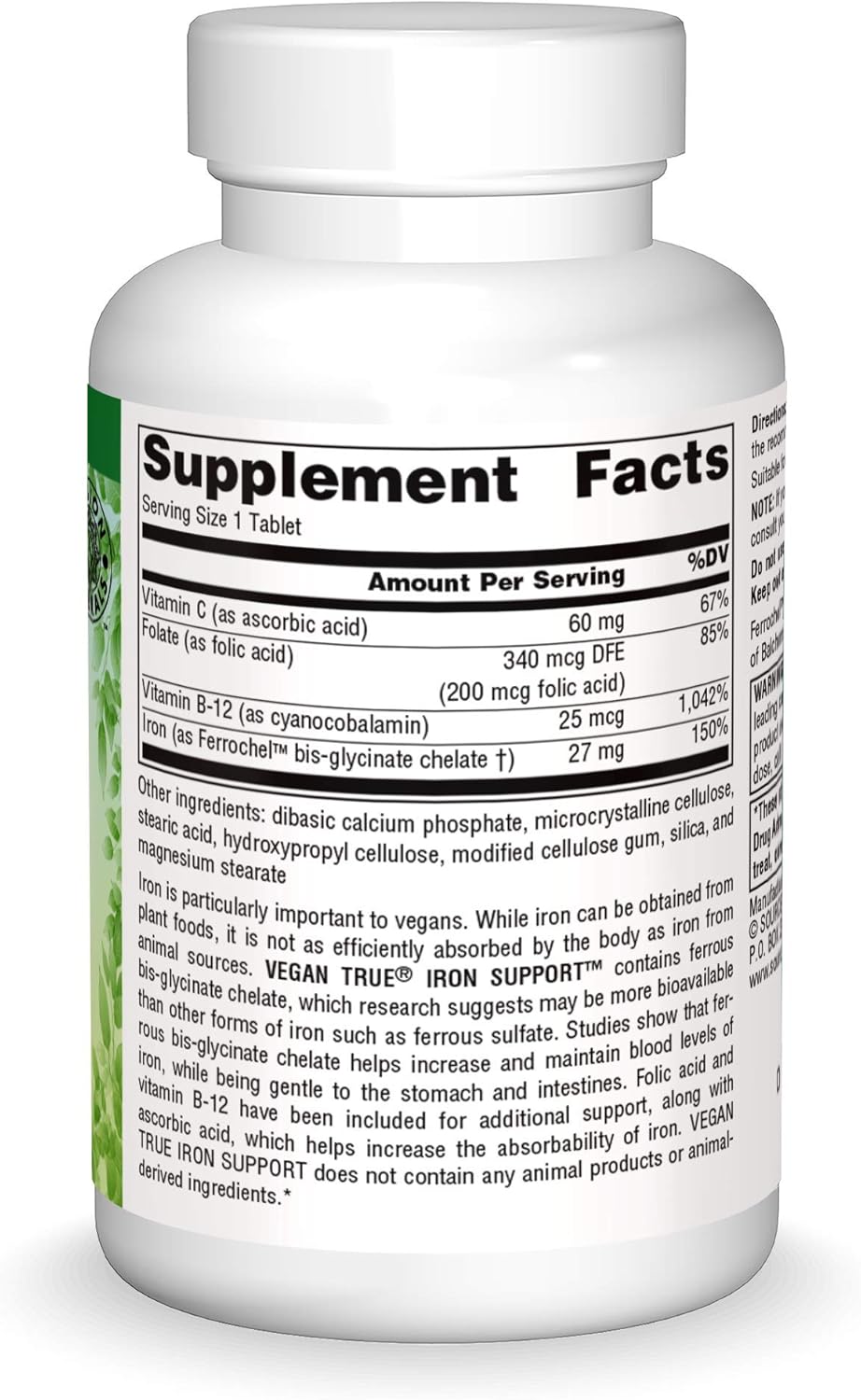 Suplemento dietético vegano con soporte de hierro verdadero