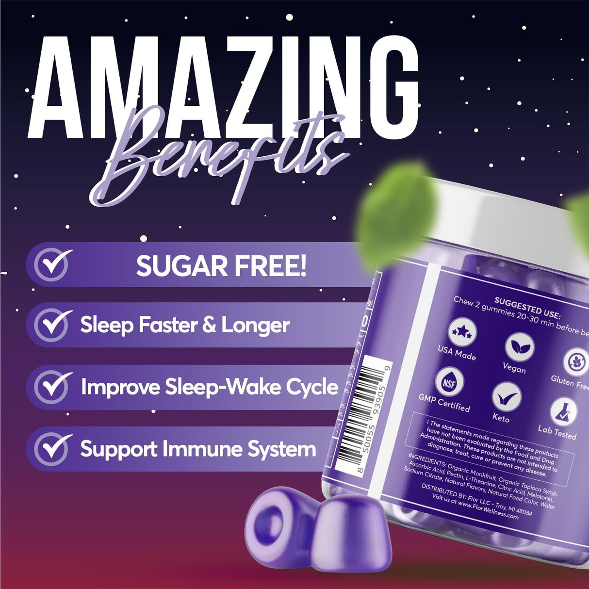 FIOR Gomitas de calmar sin azúcar, 60 unidades para a dormir