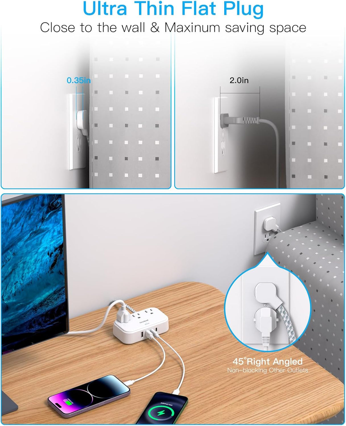 Cruise Essentials, cable de extensión plano de 5 pies, 3 tomas