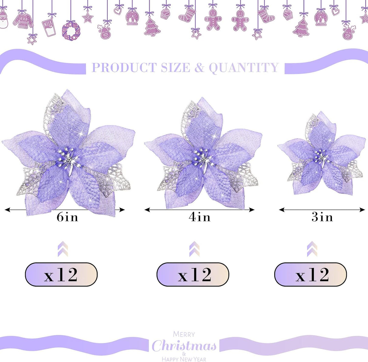 Flores Artificiales Poinsettia Glitter, WILLBOND, 36 Piezas