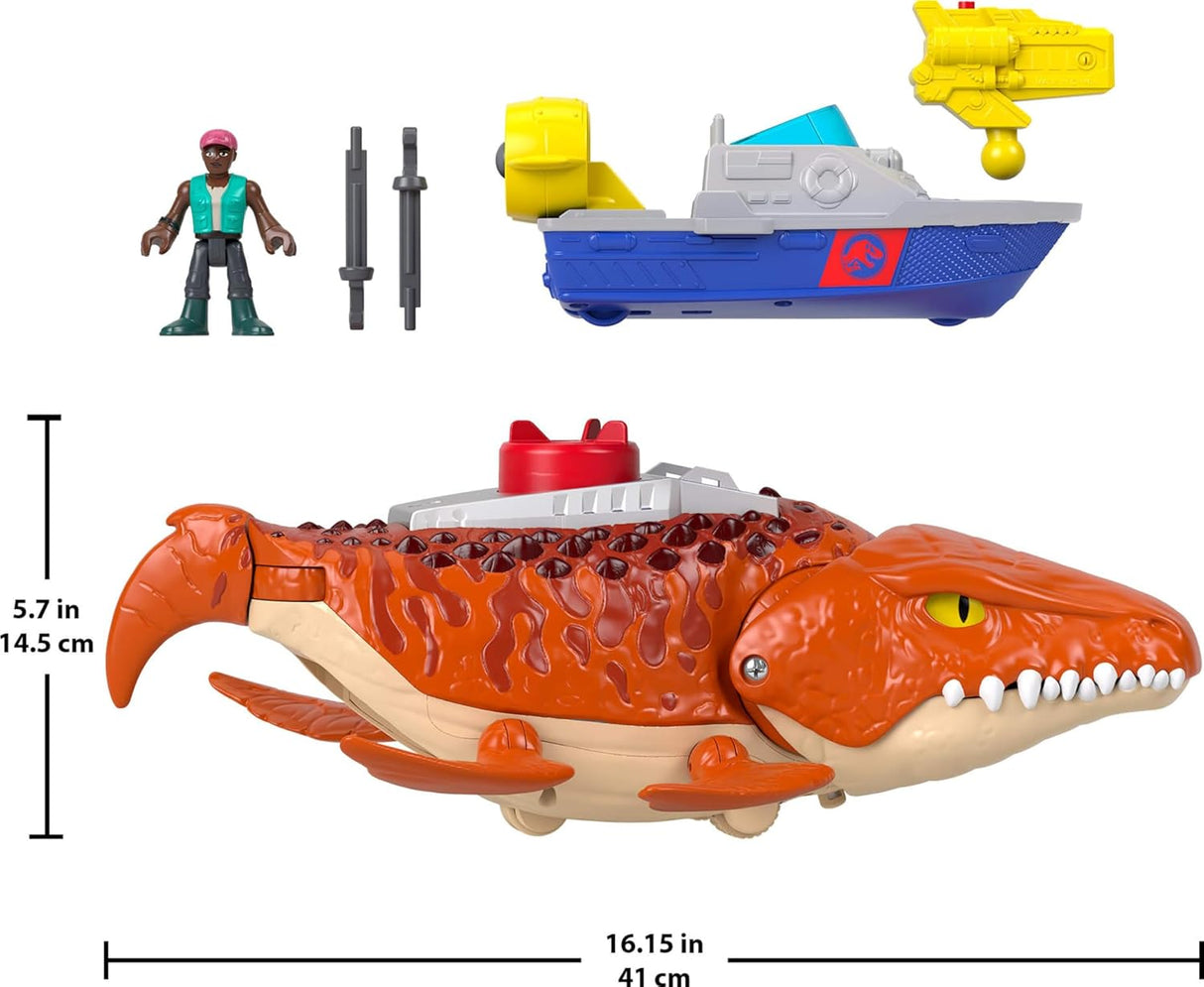 Imaginext Jurassic World Rebirth Aquachomp Mosasaurus juguete con figura y lanzador