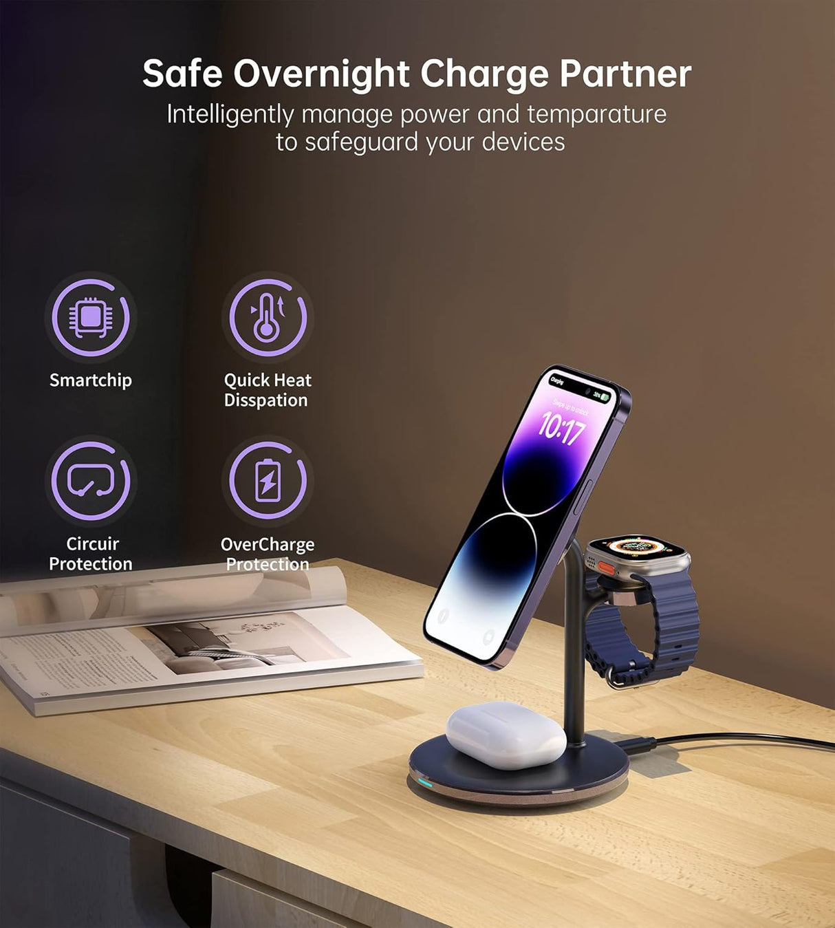 Cargador o Estación de carga inalámbrica 3 en 1 negro