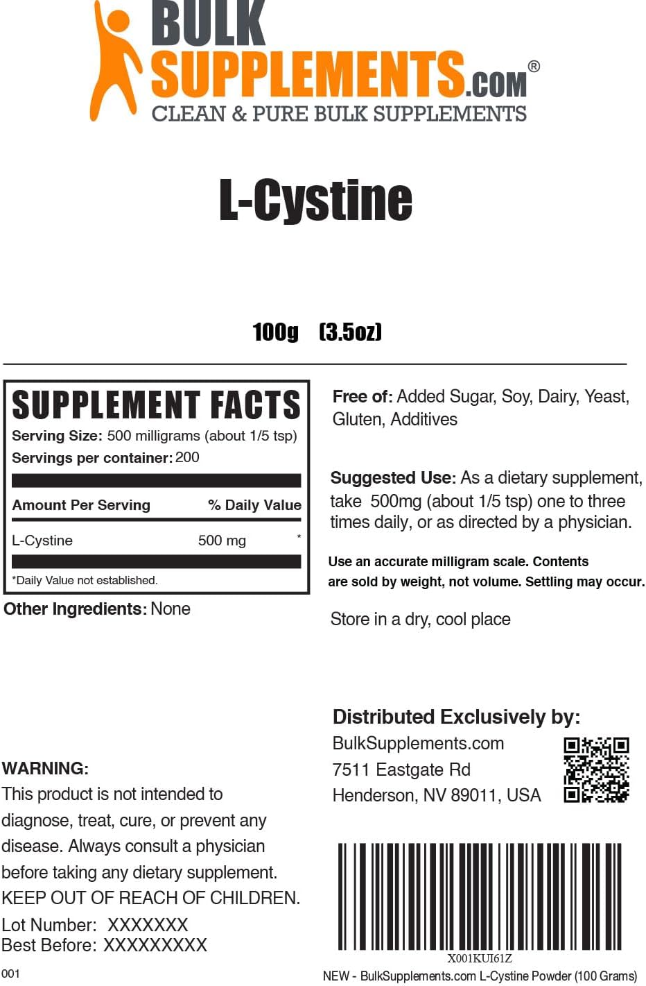 Suplemento BULKSUPPLEMENTS.COM Polvo de L-cistina 500 mg