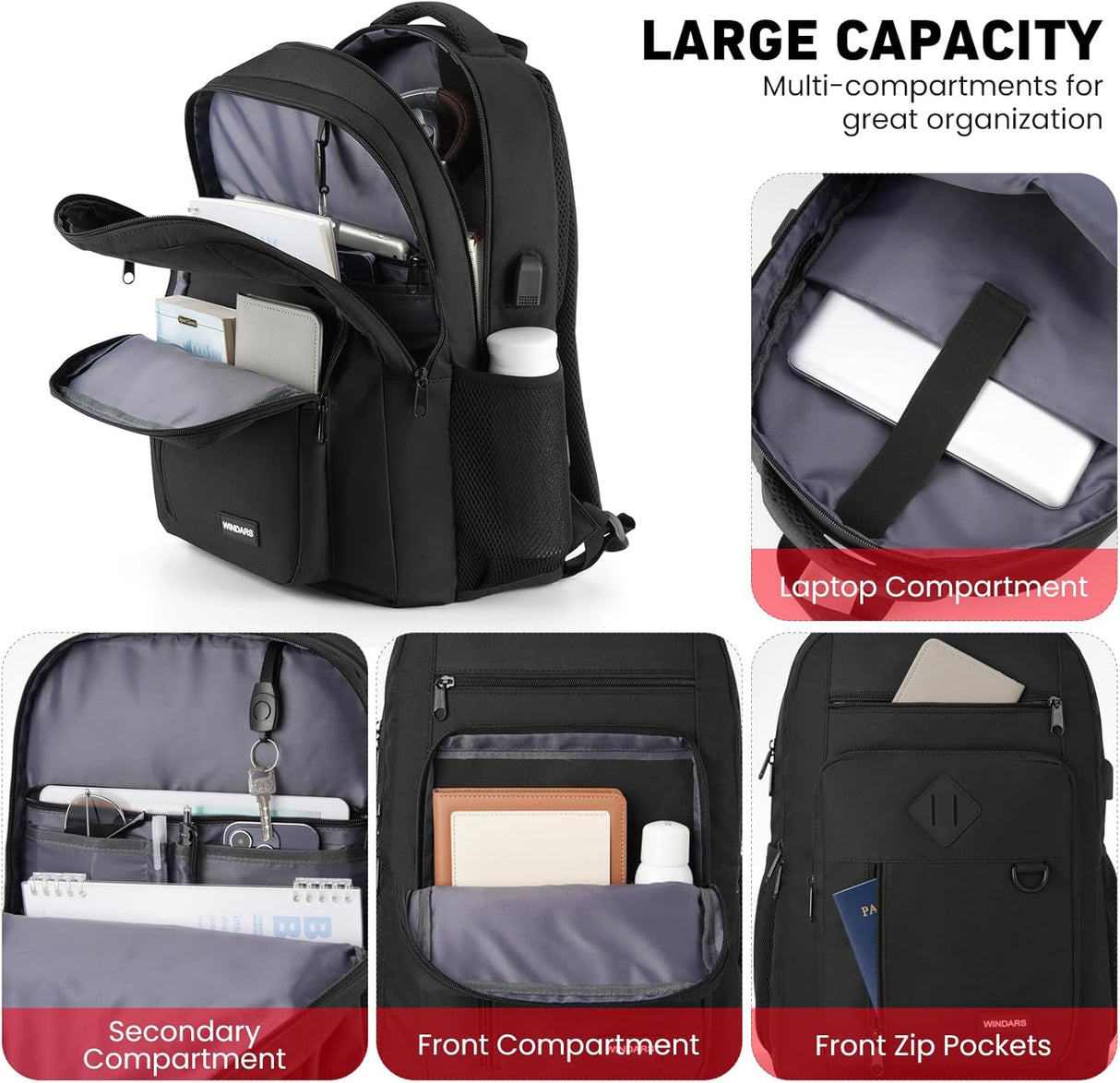 Mochila Casual Unisex, Ligera, 17.3 con Cargador USB, Modelo X