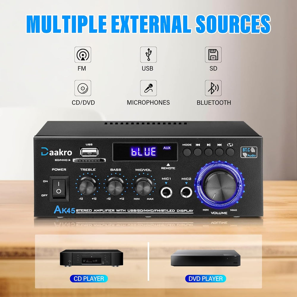 Amplificador de Audio Estéreo 300W, Bluetooth 5.0, AK45
