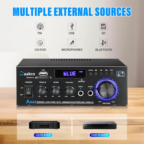 Amplificador de Audio Estéreo 300W, Bluetooth 5.0, AK45