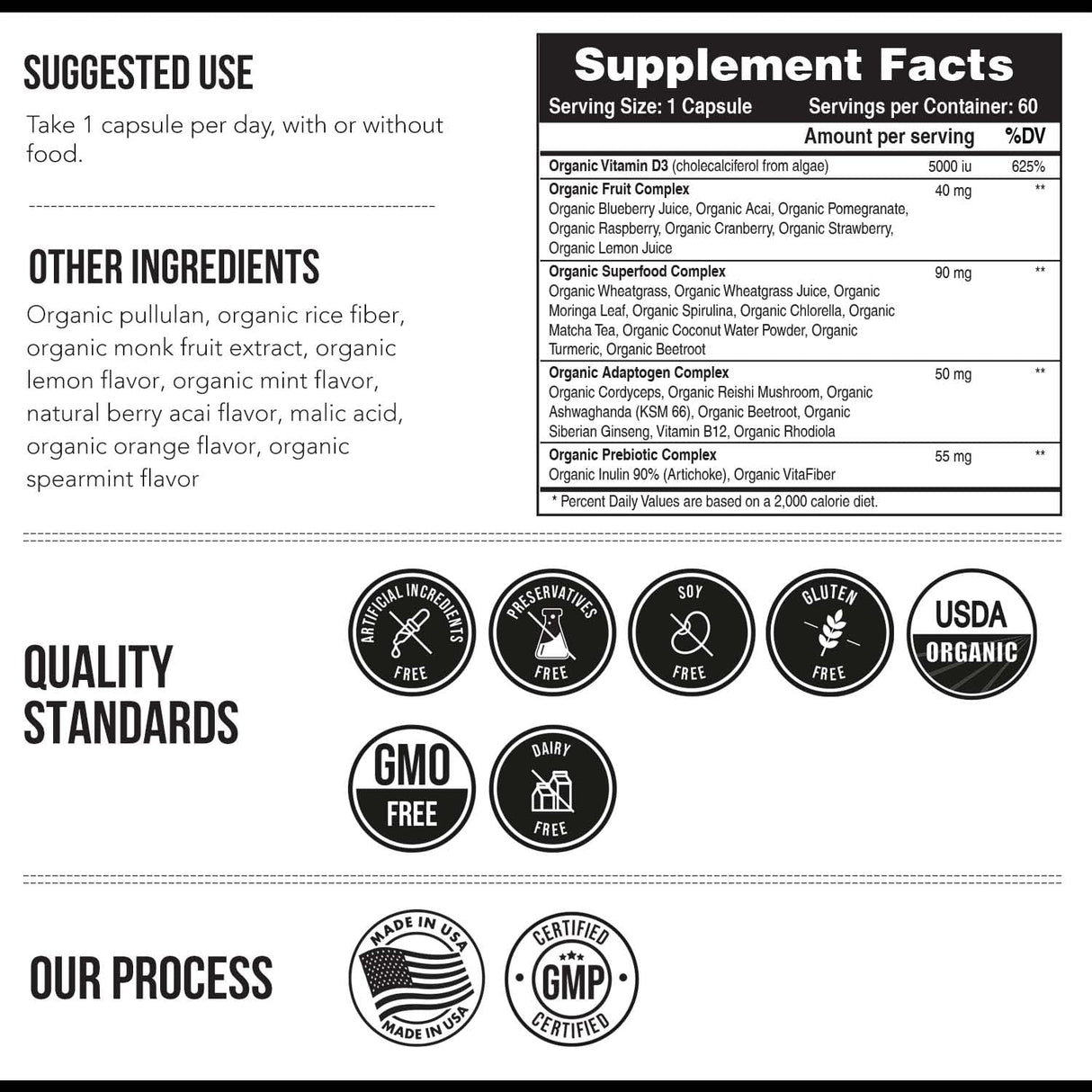Vitamina D3 orgánica 5,000 UI con complejo prebiótico y superalimentos
