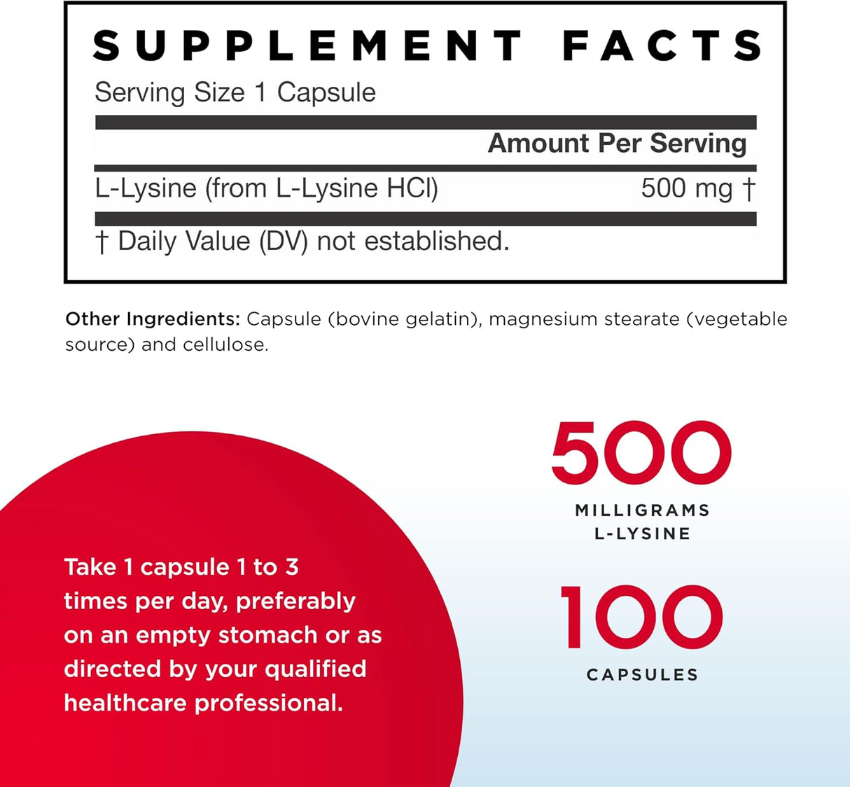 Suplemento L-Lisina 500 mg - 100 cápsulas 100 porciones