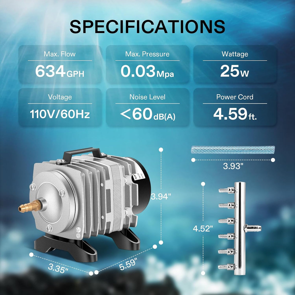 Bomba de aire VIVOSUN 634GPH, 6 salidas, 25W, 40L/min
