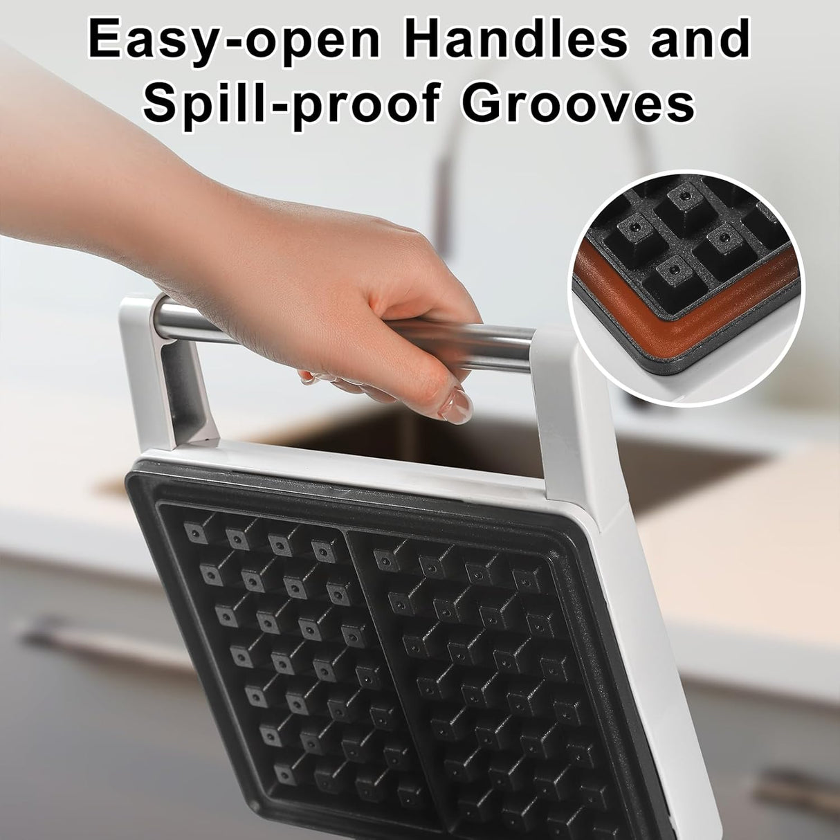 Máquina de Waffles 2 Rebanadas, Antidesbordamiento, 1200W