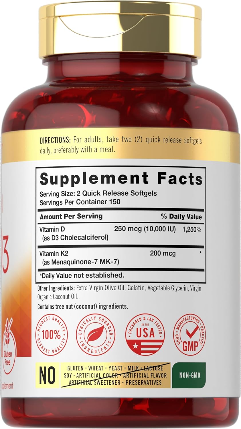 Suplemento de Vitamina K2 y D3 Carlyle, 300 Softgels, 200mcg K2