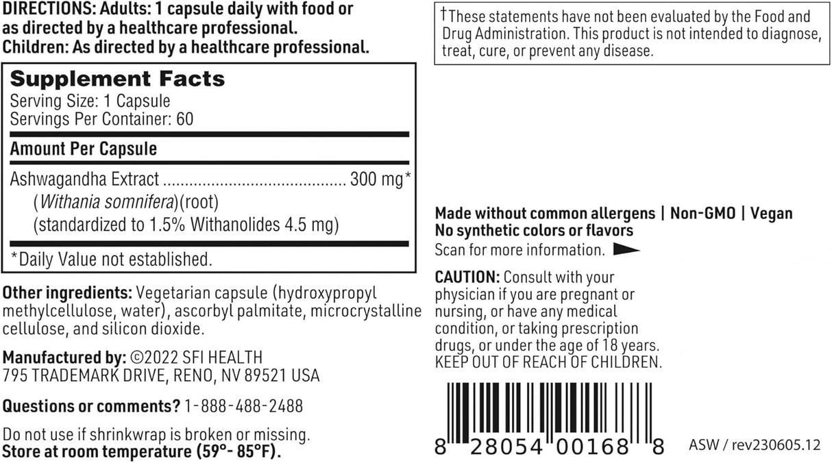 Extracto de Ashwagandha 300mg - Klaire Labs, 60 Cápsulas