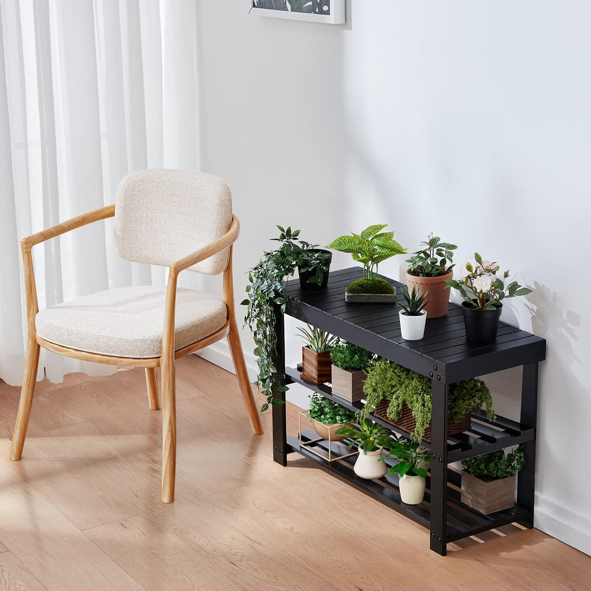 Banco organizador de zapatos de bambú, 3 niveles resistente