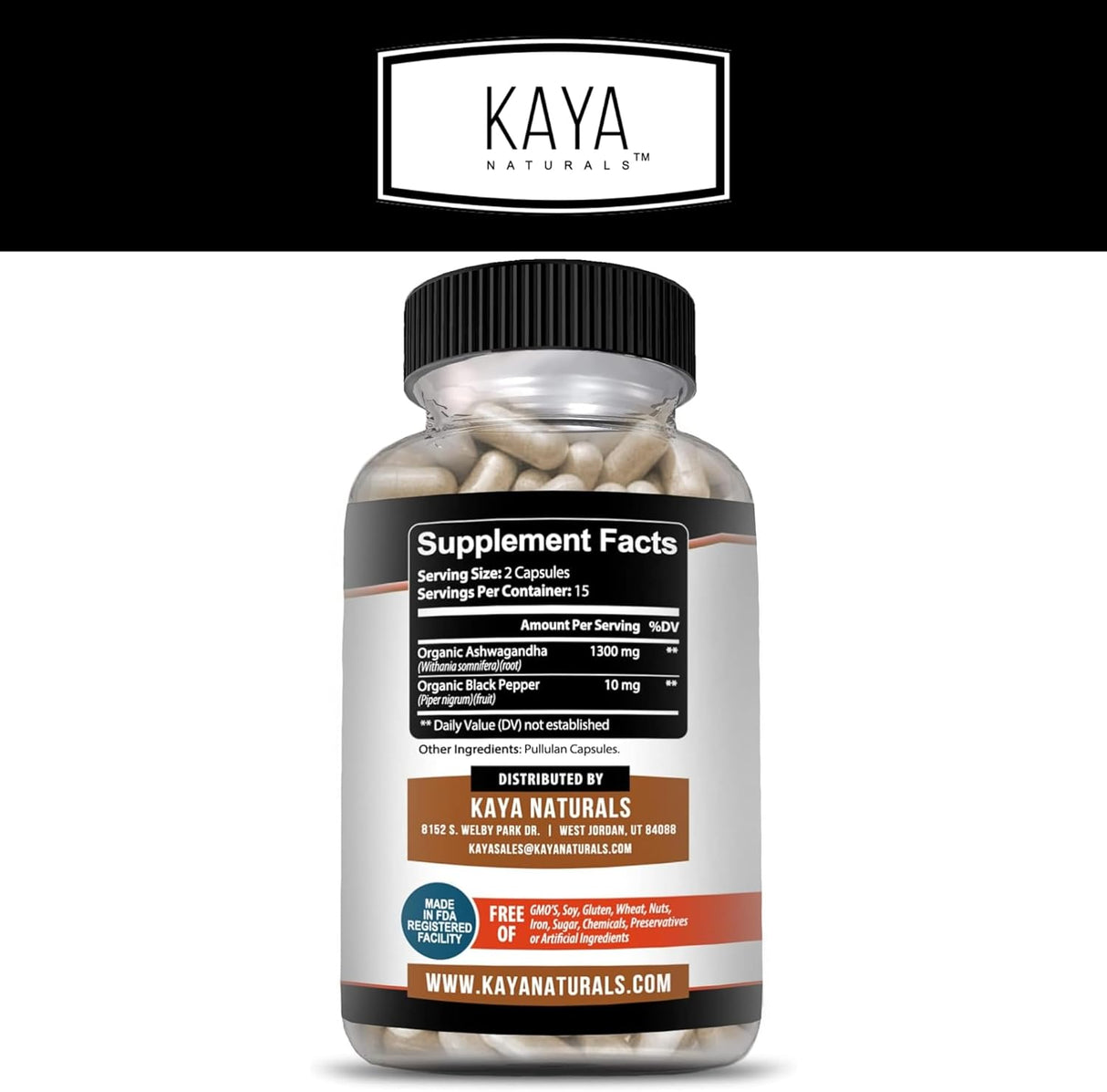 Suplemento Adaptógeno Kaya Naturals Ashwagandha 1300mg