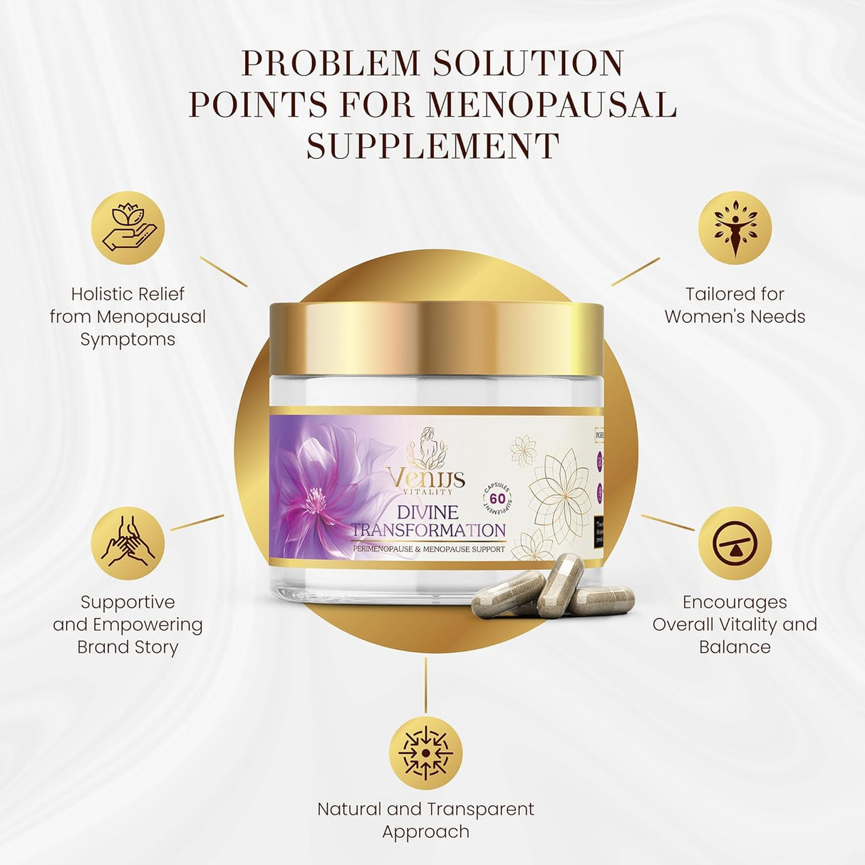 Suplemento de equilibrio hormonal con Black Cohosh, Maca y Basil para menopausia