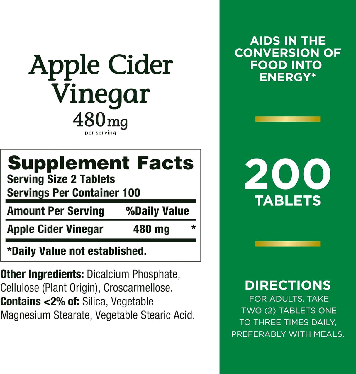 Tabletas de vinagre de sidra de manzana, 480mg por porción