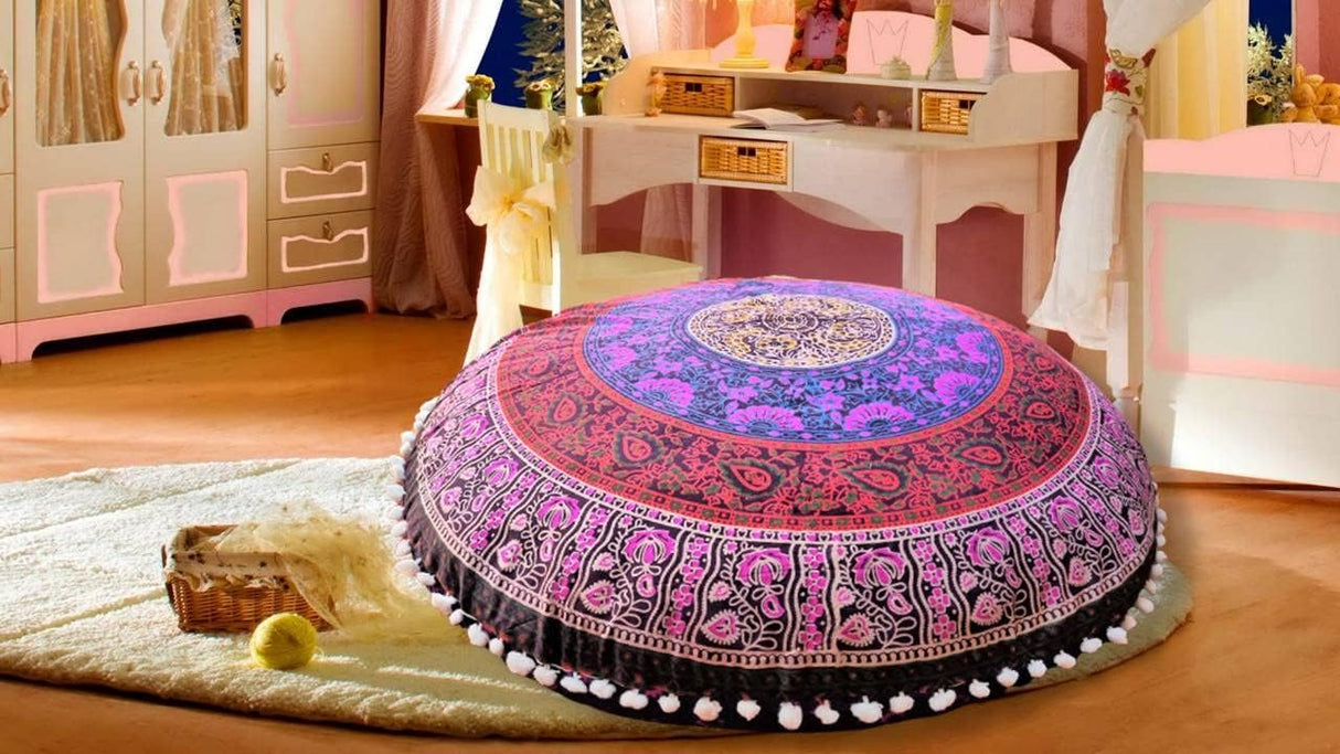 Funda bohemia para cojín, de 32 pulgadas, con diseño de mandala, para meditación, decorativa, otomana, grande, para exteriores, decoración del hogar, decoración de arte en el hogar, redonda, con pompones de algodón, cómoda