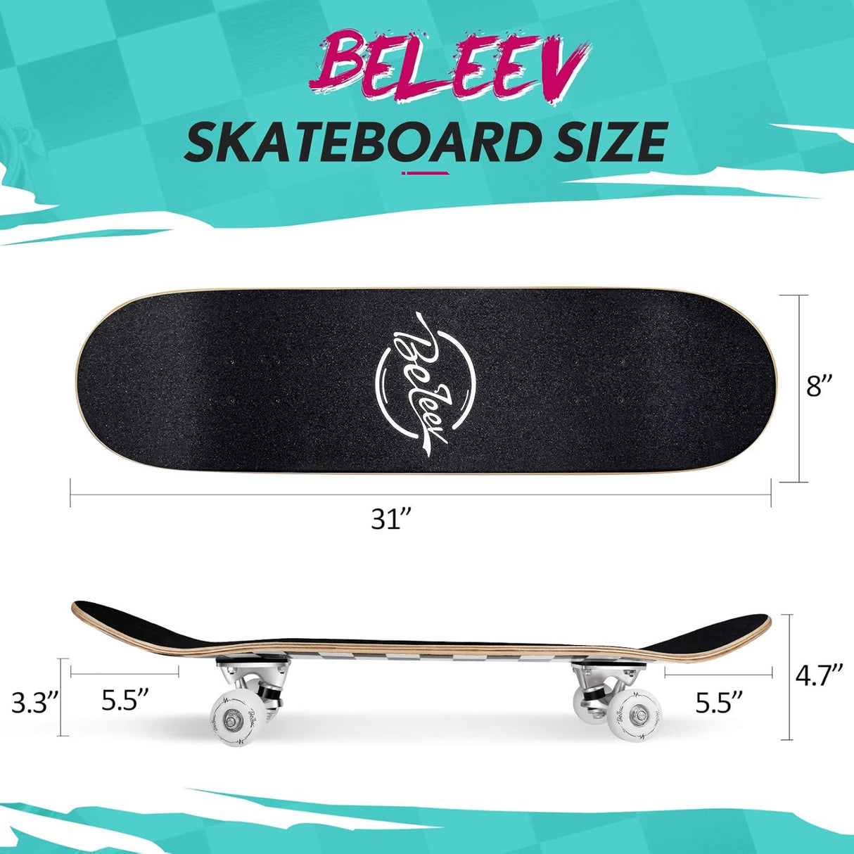 Patineta Completa para Principiantes, 31 x 8 Pulgadas, Deck Doble