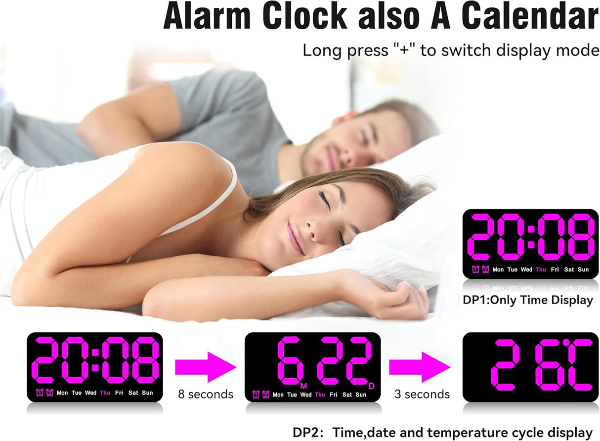 Reloj Digital Grande, Alarma Doble, 3 Niveles de Brillo
