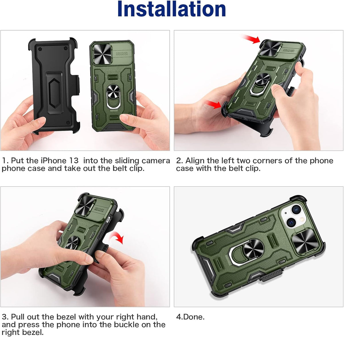 VEGO Funda para iPhone 13 con funda de clip para cinturón, cubierta deslizante para cámara y anillo magnético giratorio de 360°, soporte de grado militar, protección resistente para iPhone 13 de 6.1 pulgadas, color verde oscuro