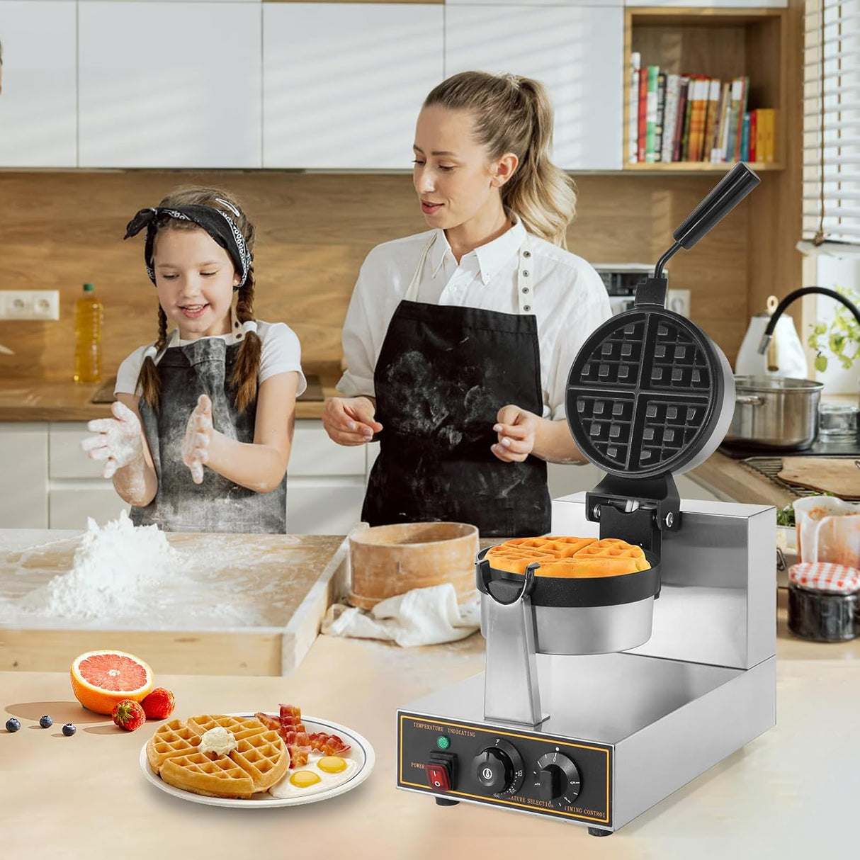 Waffle Maker WICHEMI 360° Flip, No Stick, Control Tiempo, 110V