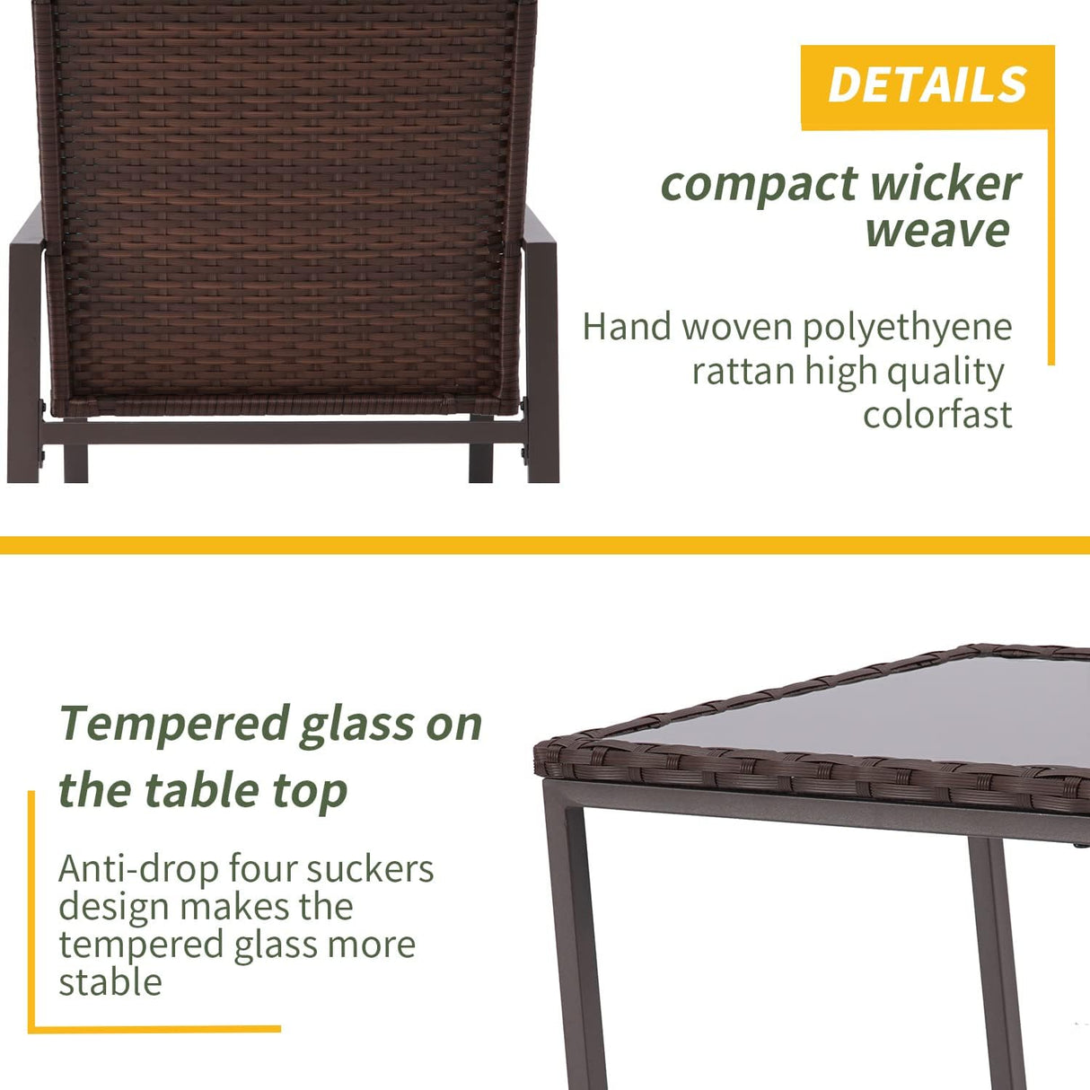 SUNCROWN Juego de 3 piezas para exteriores, muebles de mimbre negro, sillas de porche, juegos de conversación con mesa de café de cristal, azul oscuro