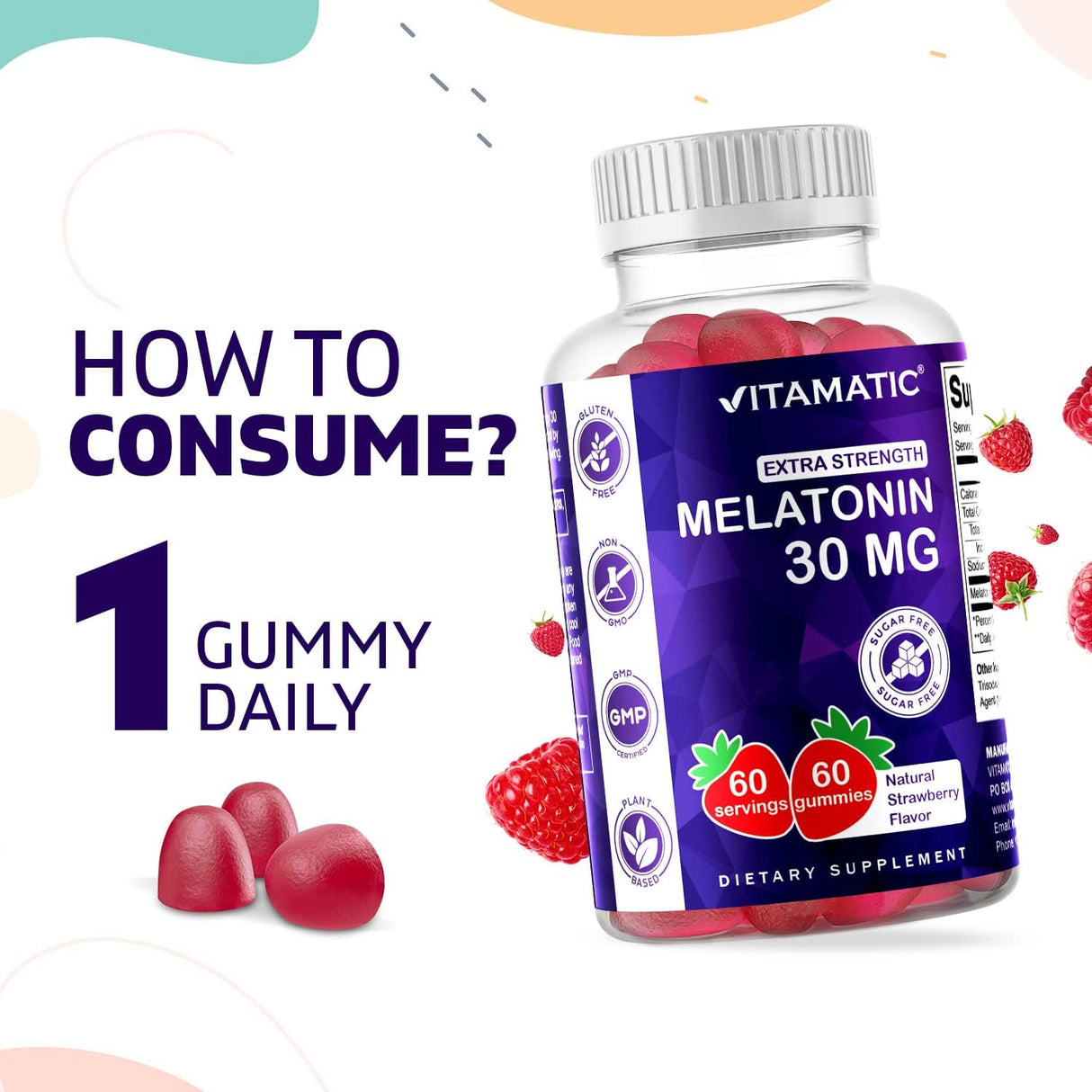 Vitamatic Melatonina sin azúcar, 30 mg por gomita, 60 porciones, 60 gomitas vegetarianas, suplemento que no forma hábito