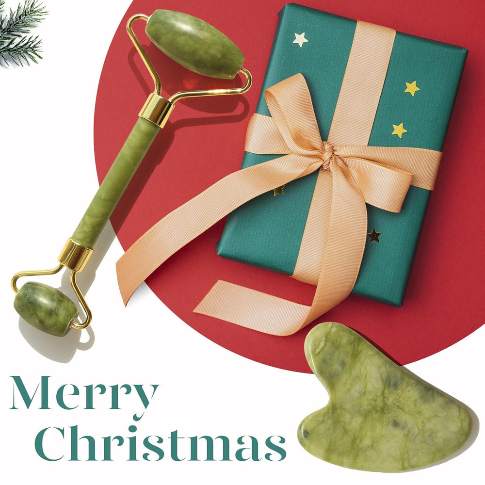 Juego de rodillo facial y Gua Sha de jade color verde