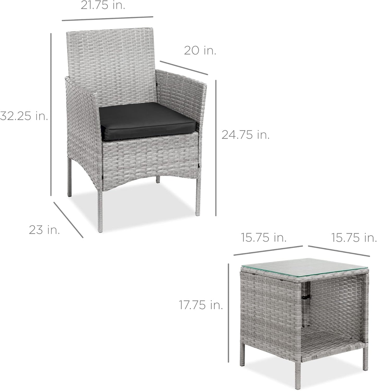 Best Choice Products Juego de 3 piezas de mimbre para exteriores, muebles de patio que ahorran espacio para patio, jardín con 2 sillas, 2 cojines, mesa de almacenamiento lateral, gris/negro