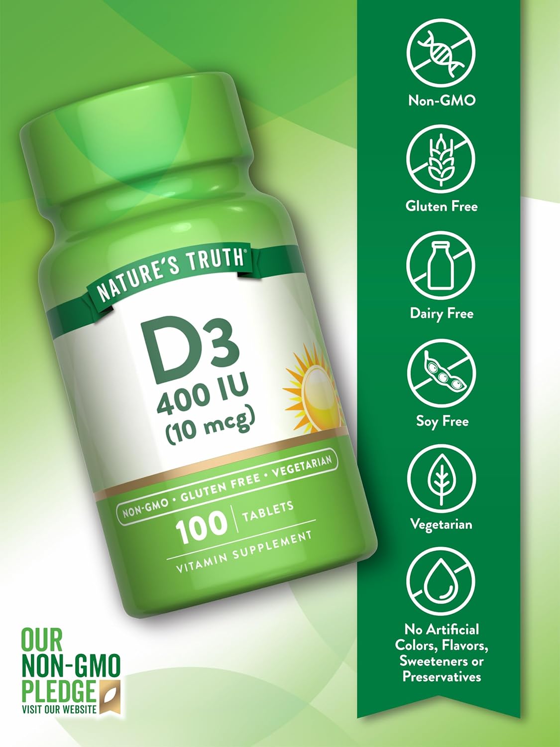 Vitamina D3 Nature's Truth 400 IU 100 tabletas Vegetarianas Non-GMO