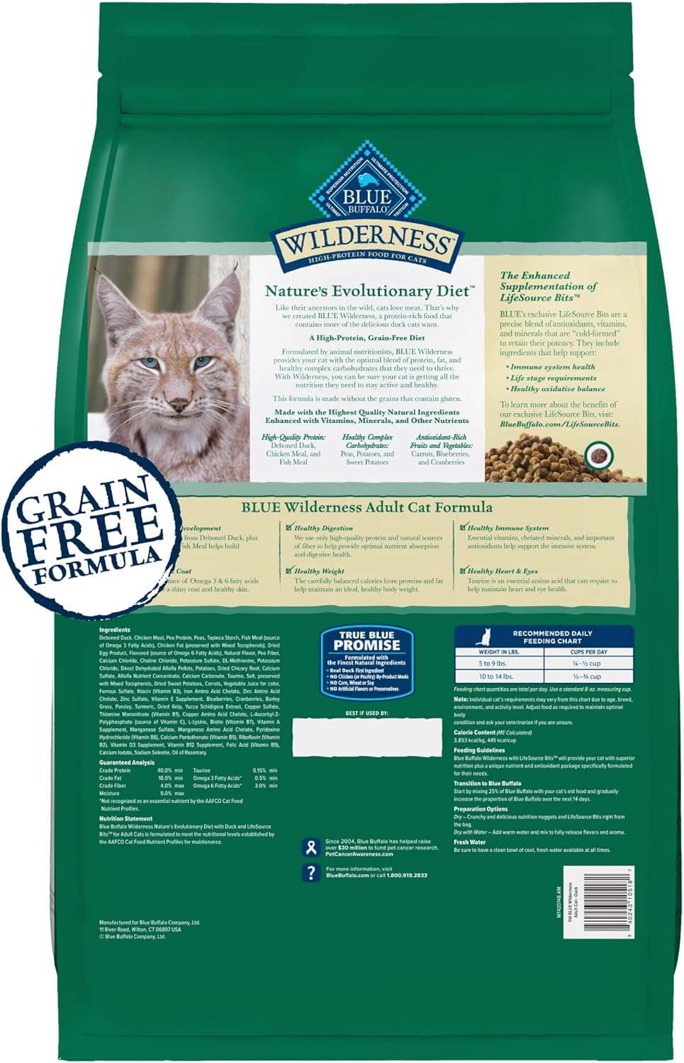 Blue Buffalo Wilderness High Protein, Alimento seco natural para gatos adultos, pato 11 libras