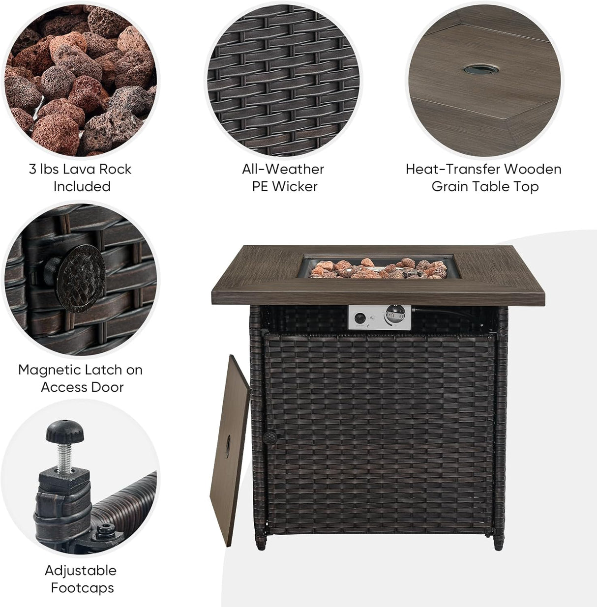 Belord Juego de muebles de patio al aire libre con mesa para fogata de propano, 7 piezas de mimbre para patio con 2 sillas giratorias mecedoras deslizantes, sofá de ratán, cojín azul, perfecto para