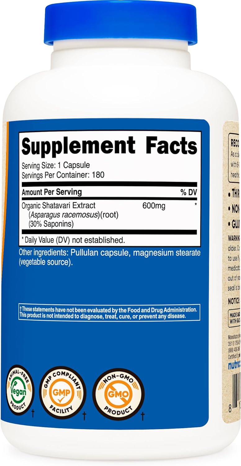 Nutricost Shatavari 600 mg, 180 cápsulas, 180 porciones, certificado CCOF fabricado con Shatavari orgánico, sin OMG, sin gluten, apto para vegetarianos