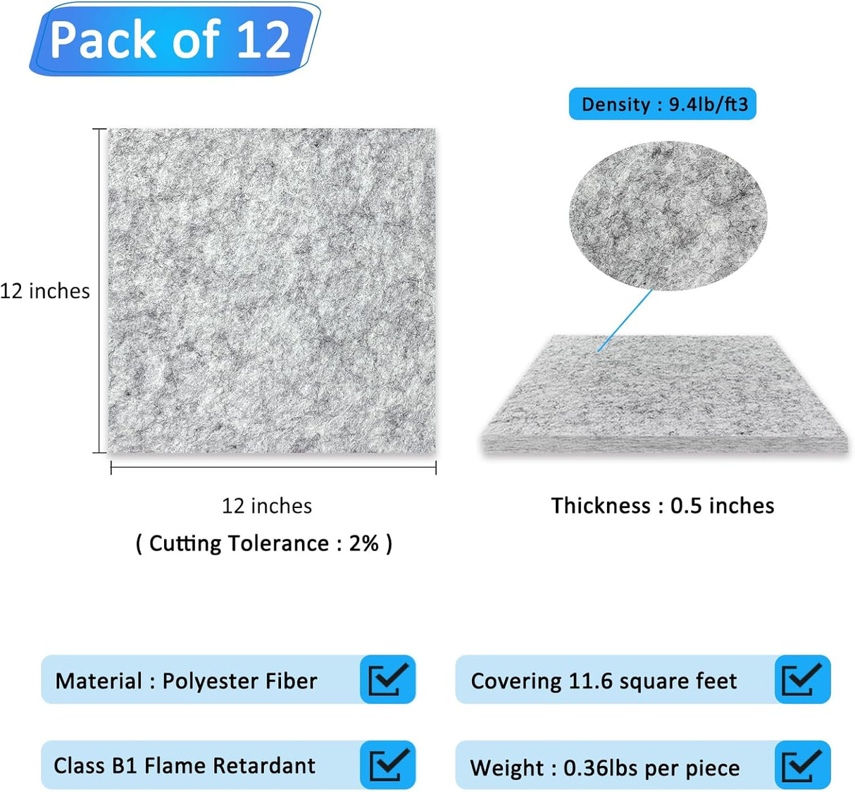 Paneles Acústicos BXI 12 Pack 12x12x0.5 Absorbentes