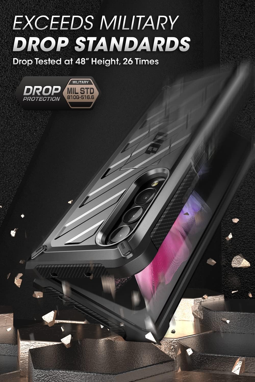 SUPCASE Unicorn Beetle - Funda protectora para Galaxy Z Fold 3 5G (2021), resistente clip para cinturón a prueba de golpes, con protector de pantalla integrado y soporte (negro)