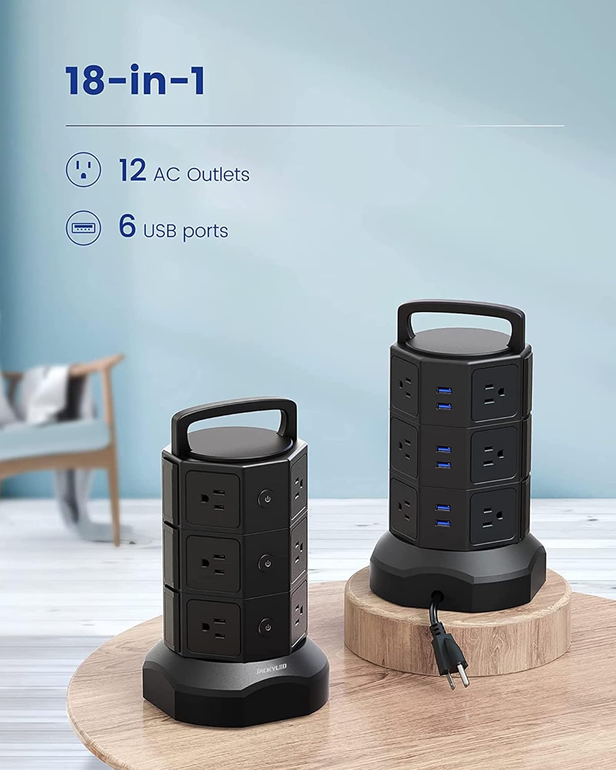 JACKYLED - Regleta de alimentación con protección contra sobretensiones, torre eléctrica de sobretensiones de 1625 W, 13 A, 12 tomas, 6 puertos USB, estación de carga con cable de extensión resistente