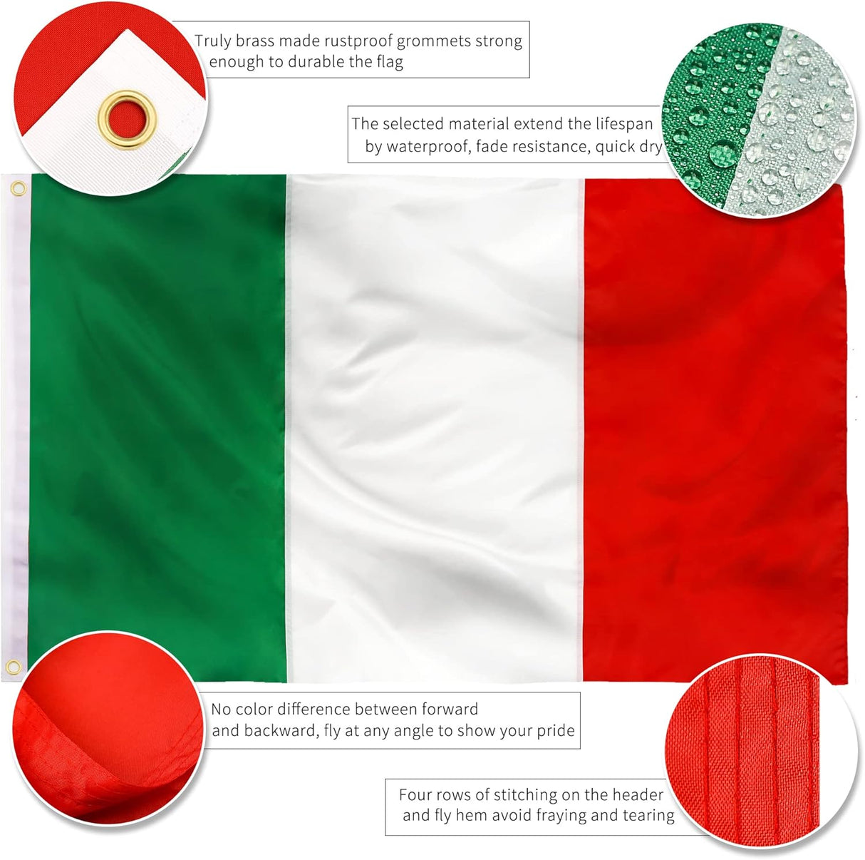 XIFAN Bandera italiana italiana de nailon de alta calidad, 3 x 5 pulgadas, resistente nailon 210D italiano, más fuerte y duradera con rayas cosidas, dobladillo de 4 puntadas, ojales de latón
