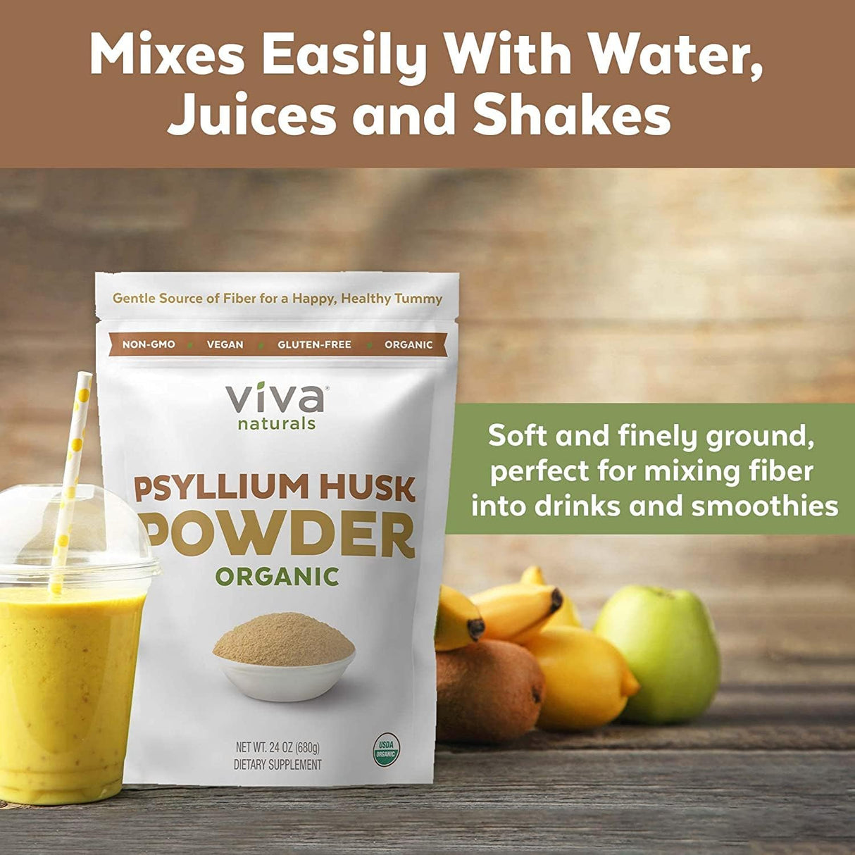 Polvo orgánico de cáscara de psyllium, Viva Naturals 24 onz