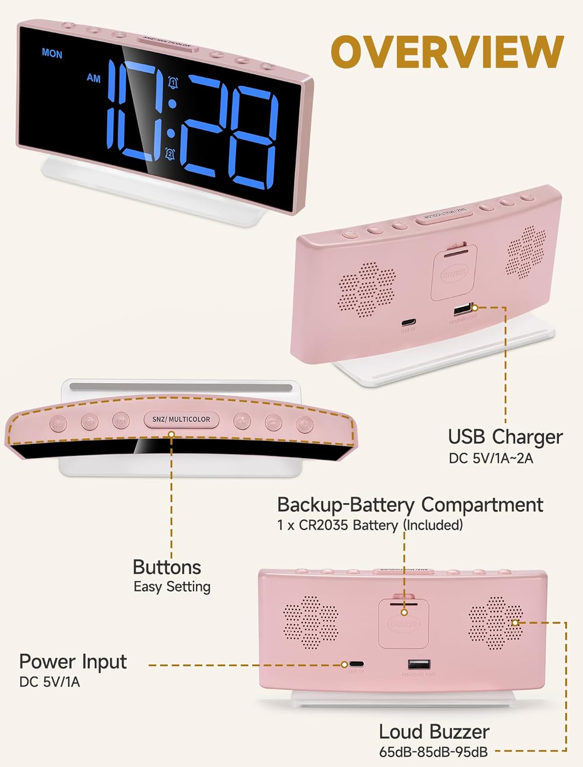 Reloj despertador digital moderno, pantalla LED, volumen ajustable