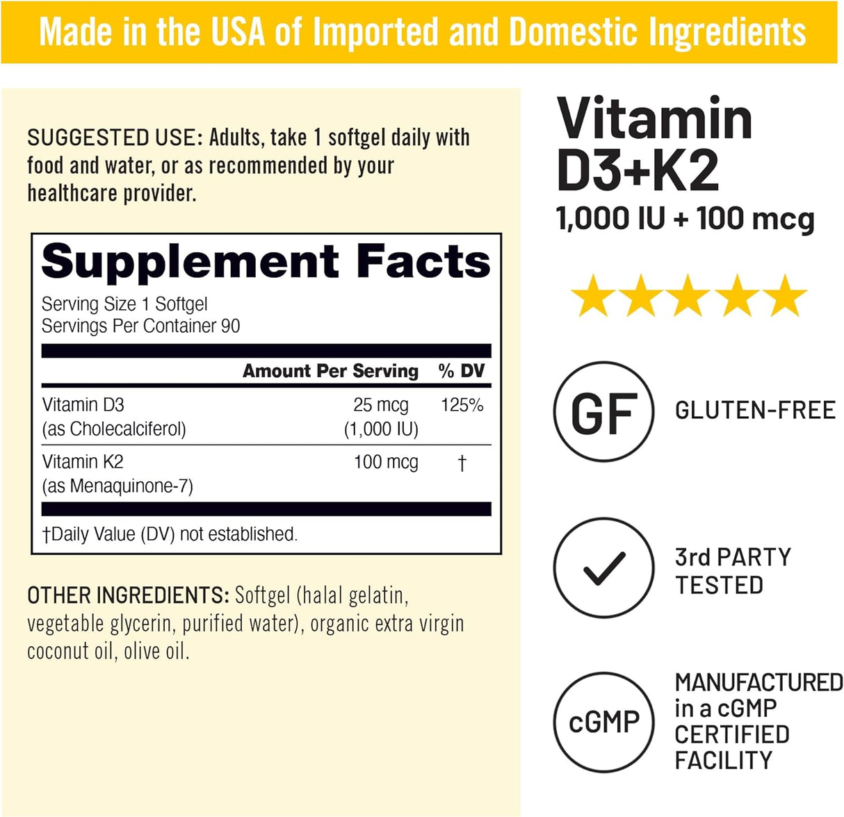 Vitamina D3 1000IU + K2 MK7, NatureWise, Hueso e Inmune, 90 caps