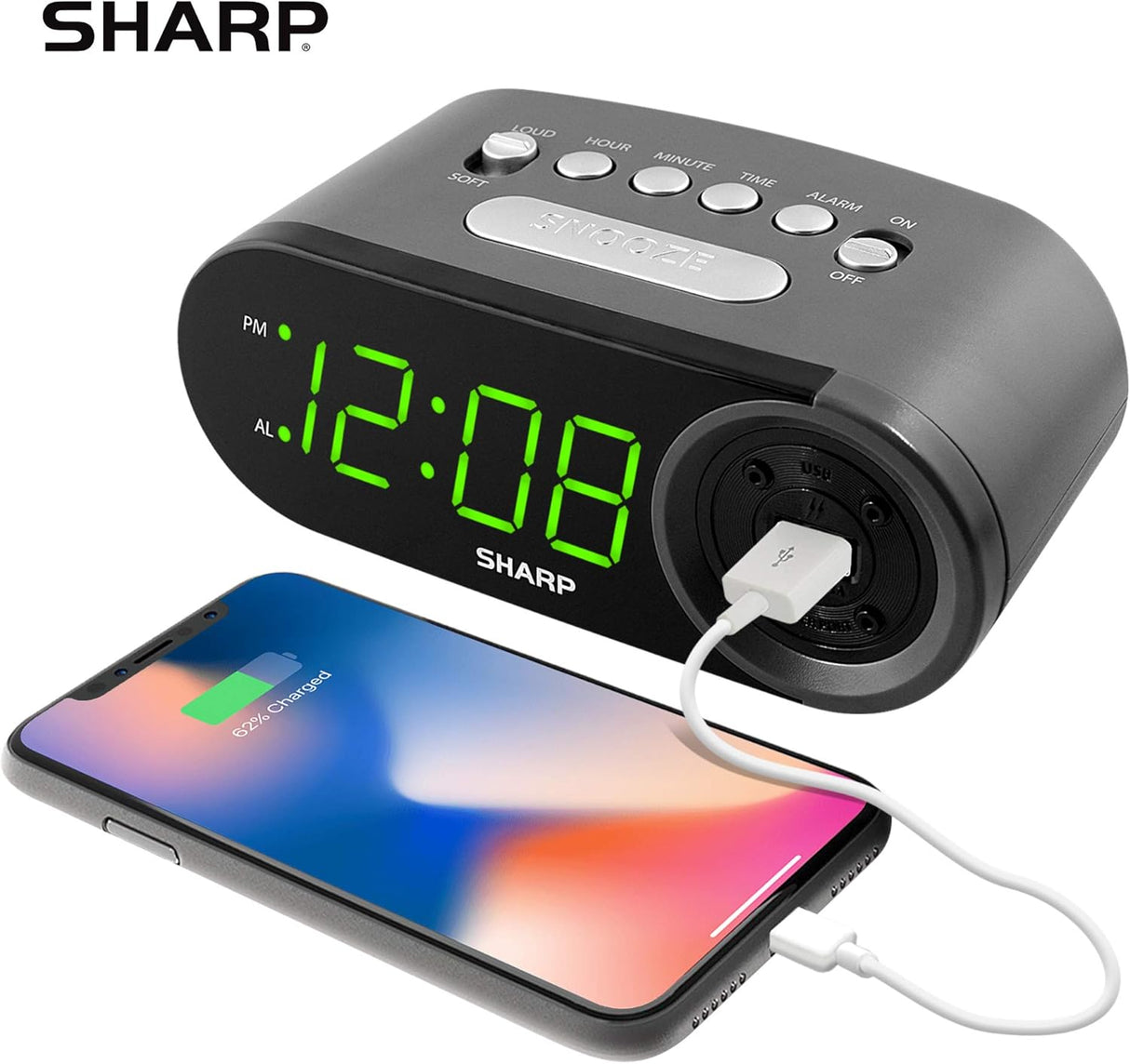 Reloj Despertador Digital Fácil de Leer con Carga USB 2 AMP