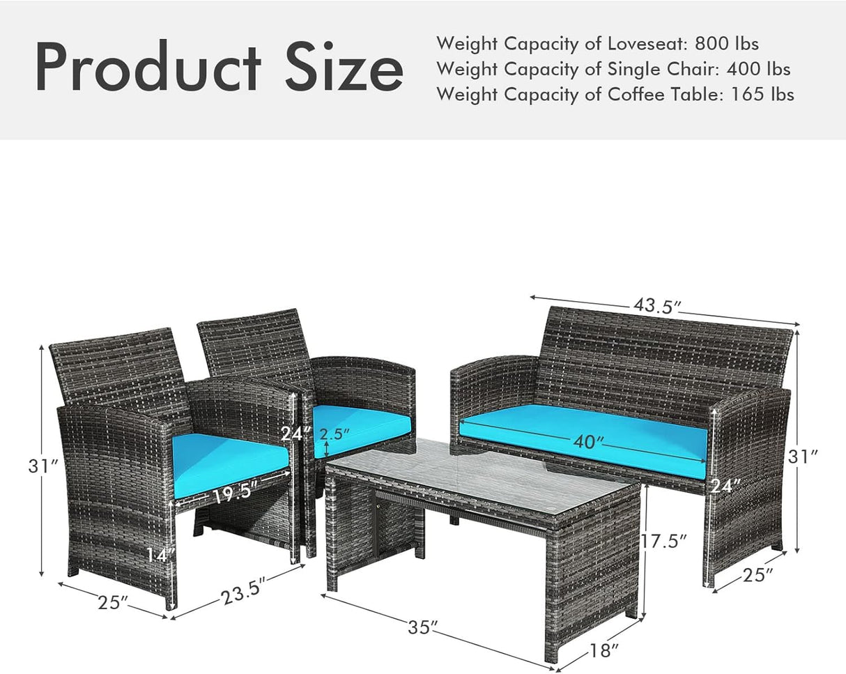 Goplus Juego de muebles de ratán de 4 piezas, sofá de conversación de mimbre para exteriores con cojines resistentes a la intemperie y mesa de vidrio templado para césped, patio, piscina, jardín (turquesa)