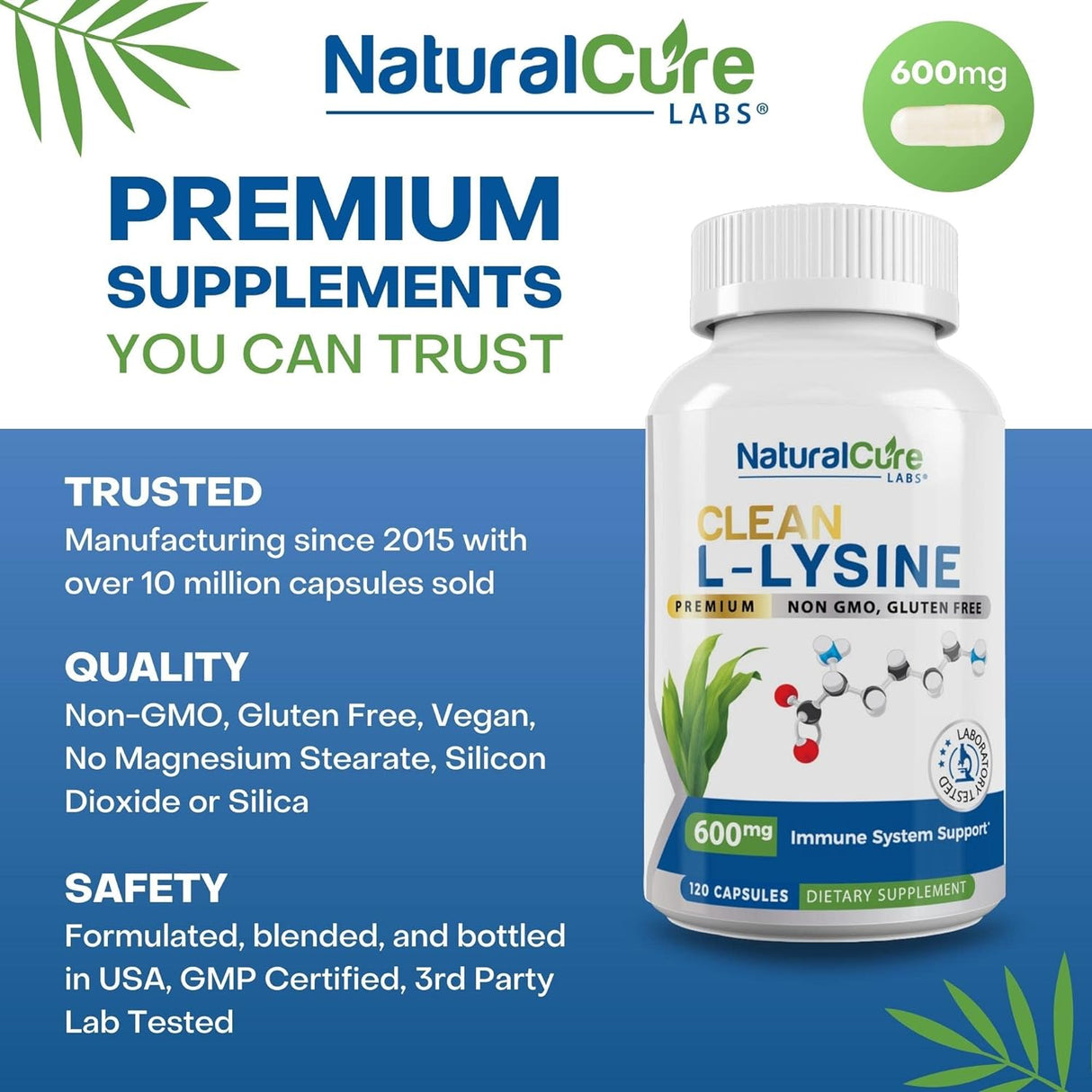 Suplemento Clean L-Lysine 600 mg 120 cápsulas Vegano