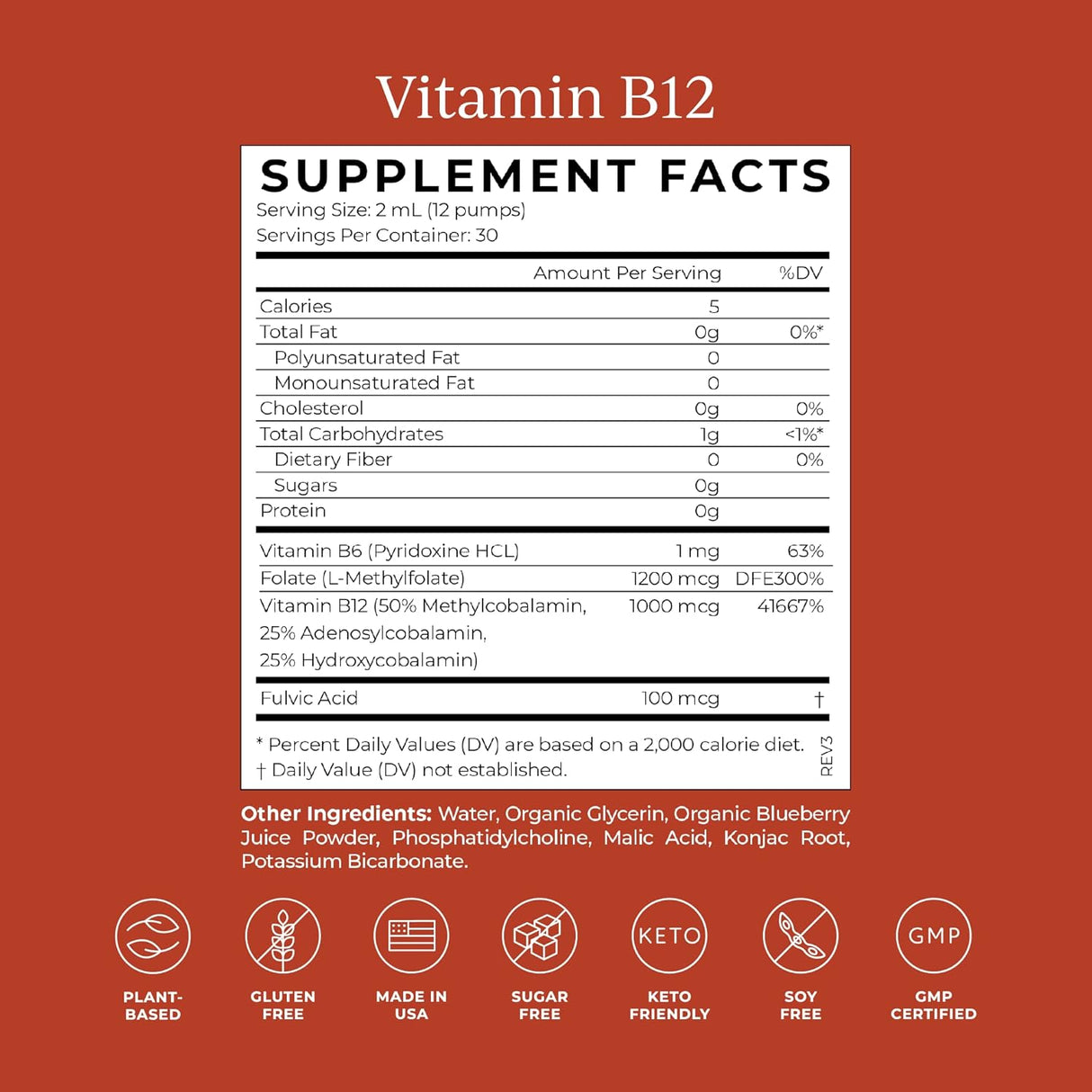 Suplemento líquido de vitamina B12 de 1250 mcg vegana 2 onzas