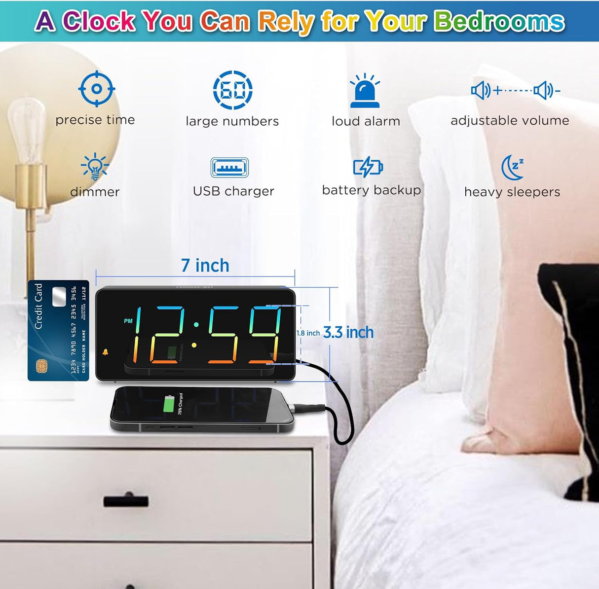 Reloj Despertador Digital Extra Fuerte con Luz LED y Cargador