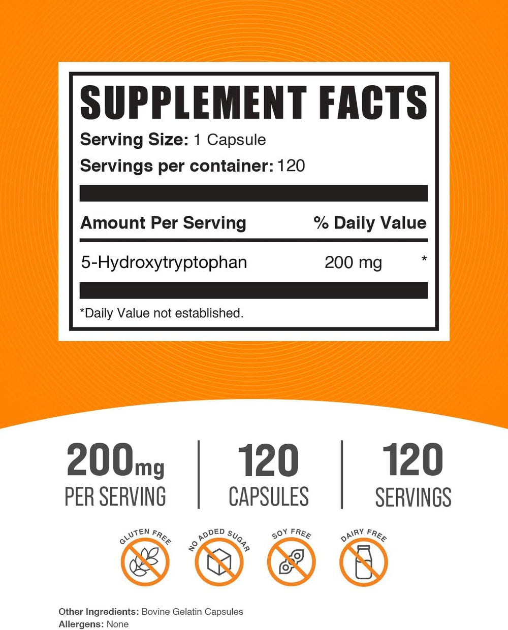 Cápsulas 5-HTP 200mg BulkSupplements, Gluten Free, 120 cápsulas